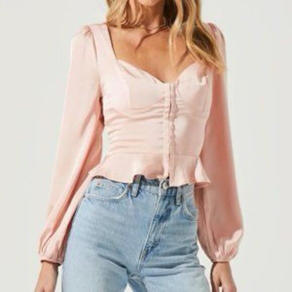 ASTR Light Pink Satin Corset Long Sleeves Blouse - Picture 1 of 10